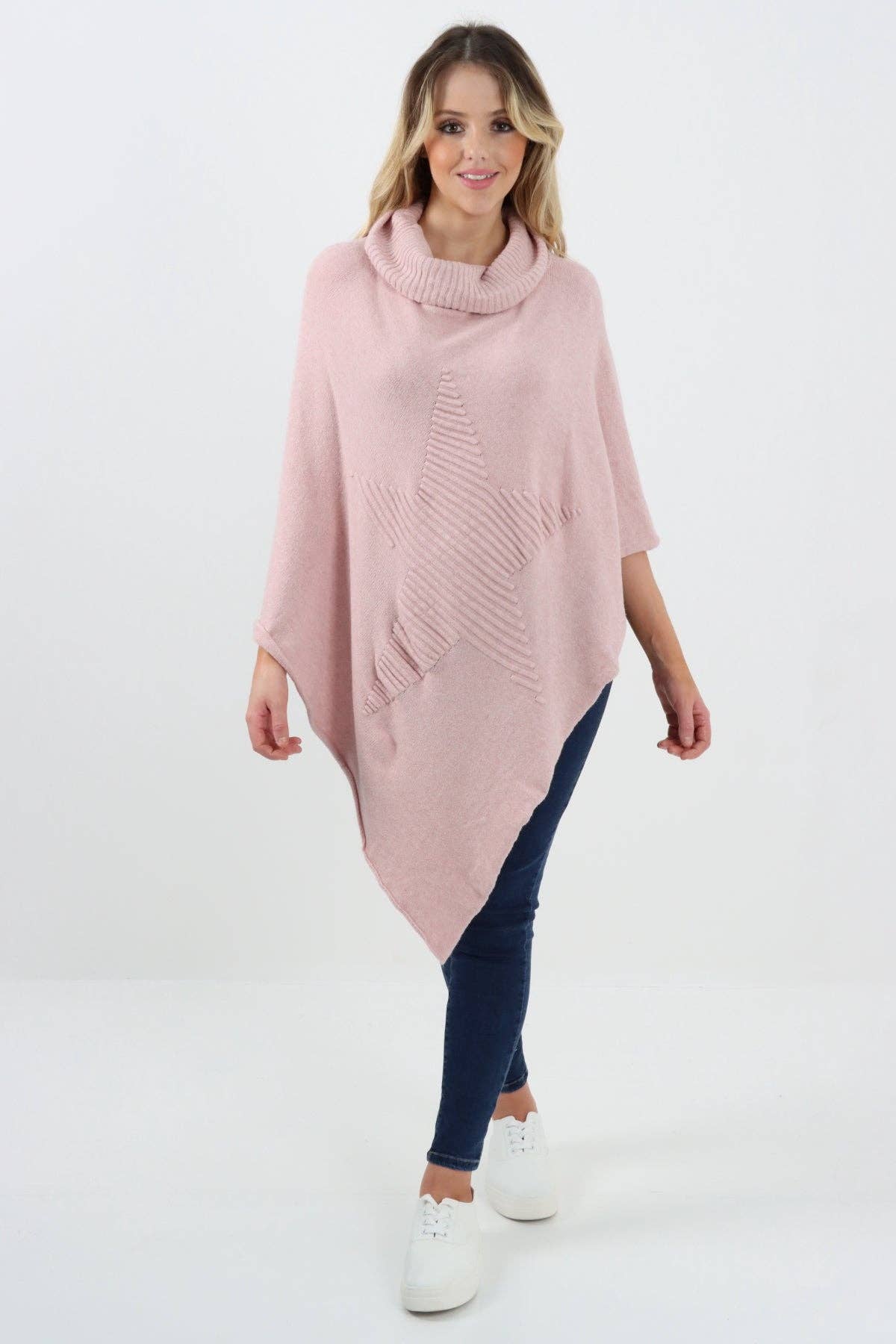 Miss Bold – Engroshandel Poncho - Dame – Italiensk strikket lagenlook poncho med stjernemønster og rullekrave30