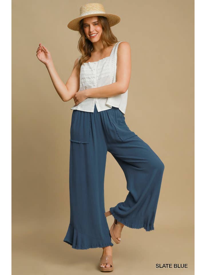 Vanilla Monkey - Wholesale Pants - Women's - Linen Blend Elastic Waist Band Wide Frayed Hem Pants