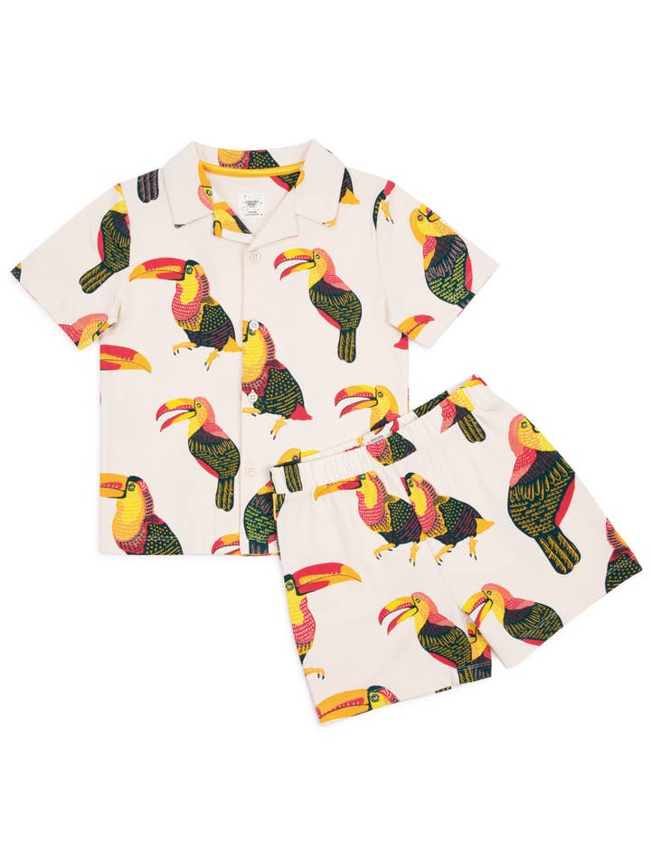 Weiss Kurzes Pyjama-Set aus Bio-Baumwolle mit Tukan-Print für Kinder für den Großhandel auf Faire