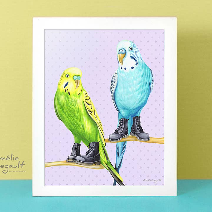 Parakeets wearing Doc Martens Boots Art Print for wholesale by Sardines Studio