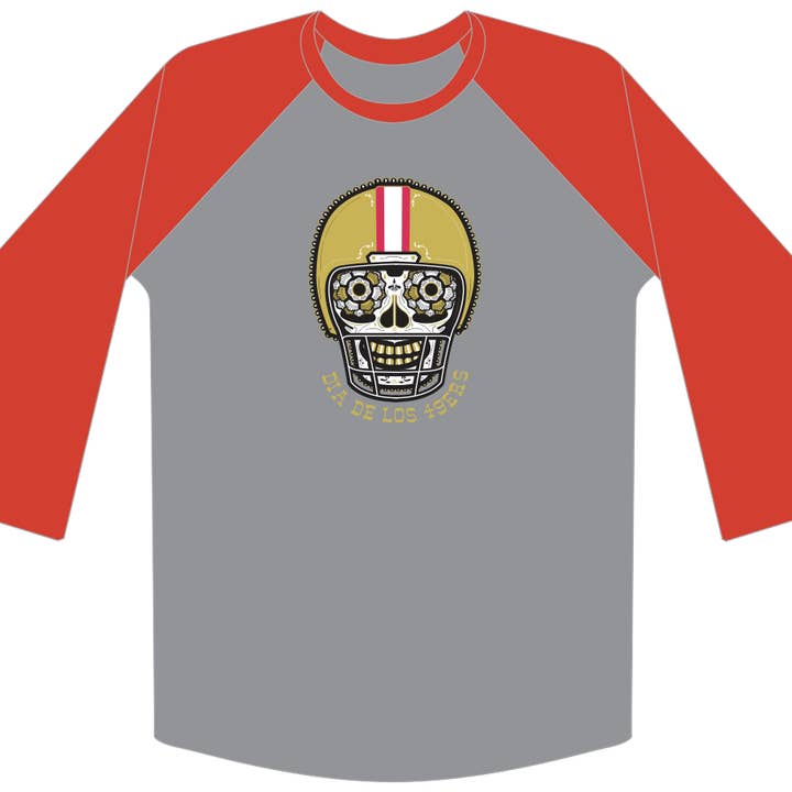 Uniseks T-shirt van raglan-rood en goud voor wholesale door Dia de Los Todos