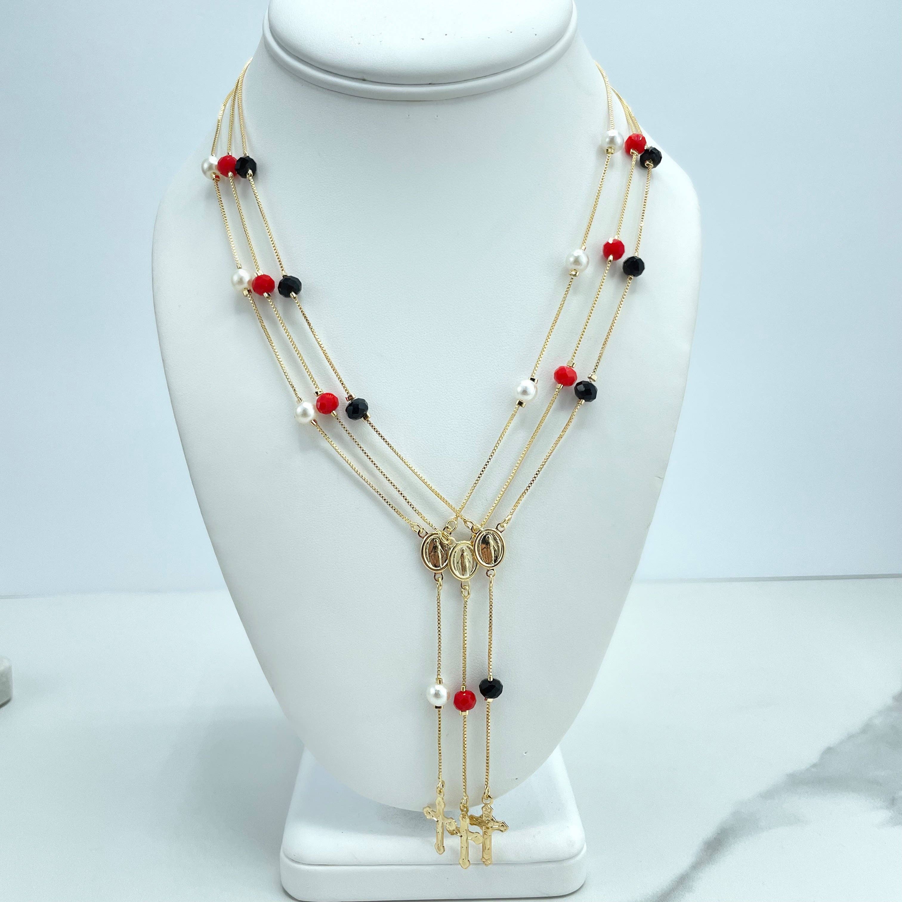 Luxus Accessories - Wholesale Prayer Beads Necklace - 18k Gold Filled Red, Black or Pearls Virgen La Milagrosa Beaded Rosary5