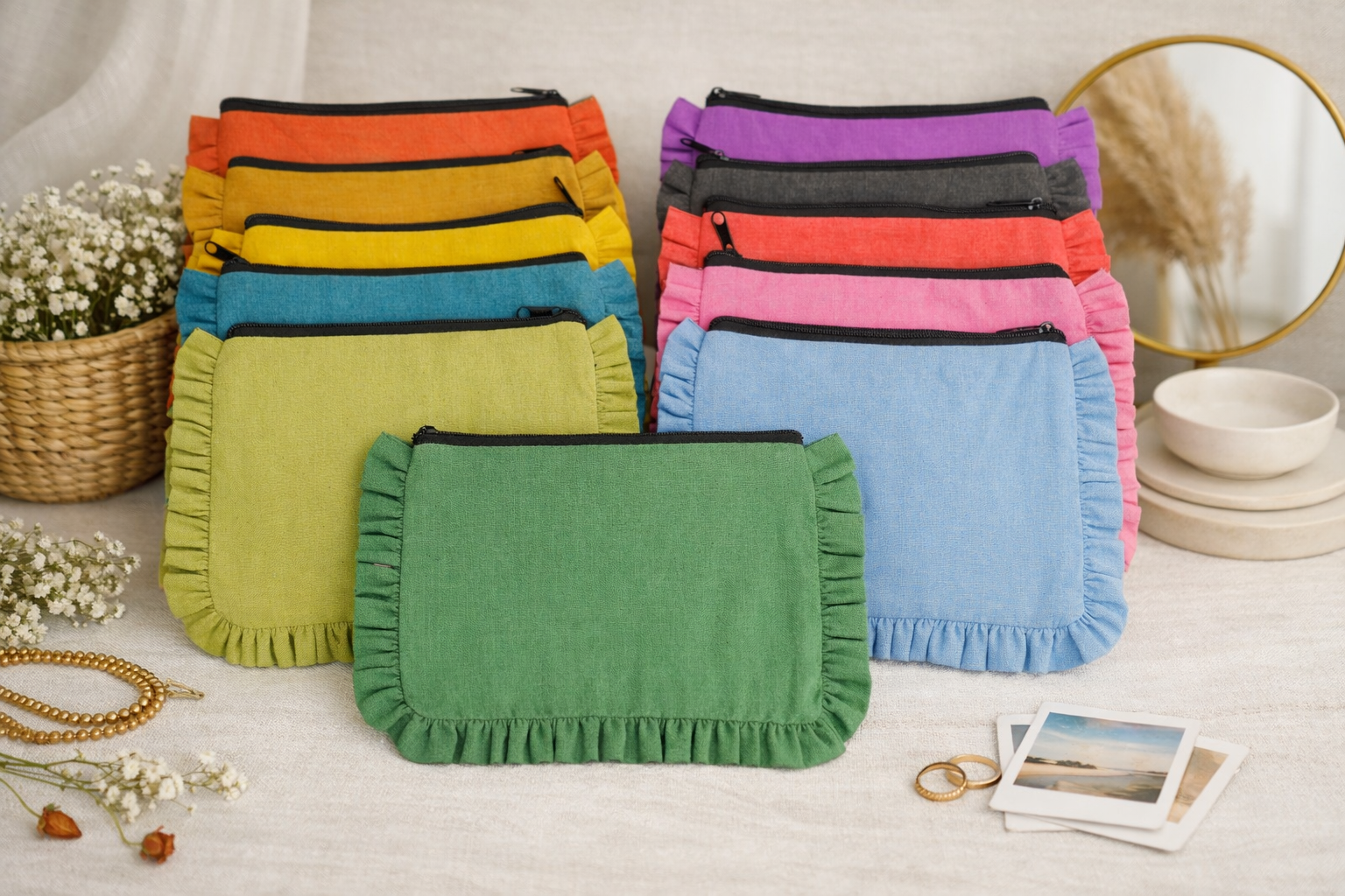 House of Kraft - Wholesale Pouch - Women's - Canvas Ruffle Pouches | Canvas Travel Pouches | Zipper Pouch2