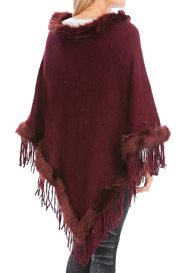 Cap Zone – wholesale Poncho – Women's – Faux Fur Lined Fringe Trim Pullover Poncho12