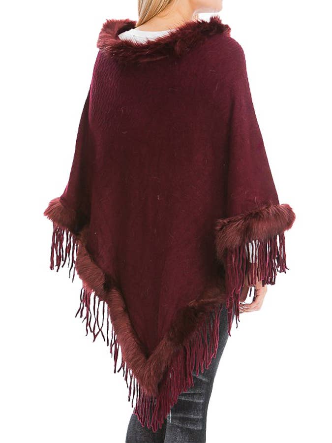 Cap Zone – wholesale Poncho – Women's – Faux Fur Lined Fringe Trim Pullover Poncho12