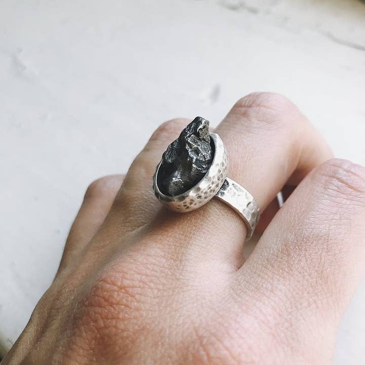 Oval Silver Ring with Authentic Meteorite for wholesale by Yugen Handmade