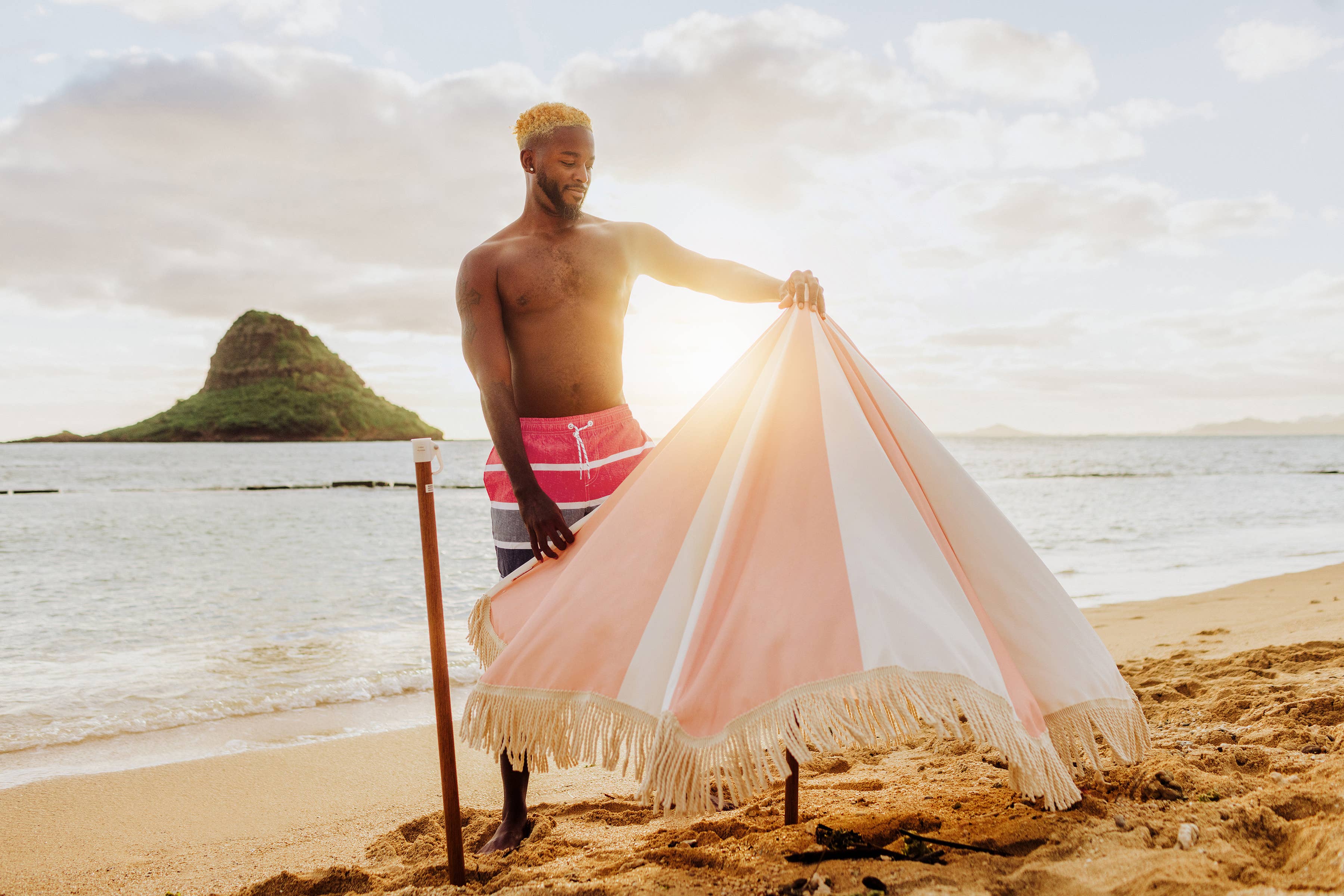 Beach State Summerland Beach Umbrella - Pink Salt Stripe for wholesale on Faire2
