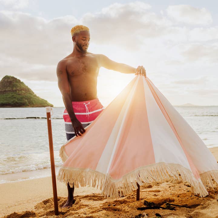 Beach State Summerland Beach Umbrella - Pink Salt Stripe for wholesale on Faire2