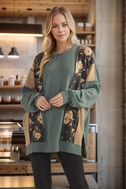 HEIMISH - Wholesale Tunic - Women's - ET7988-10 LONG SLEEVE SOLID AND FLORAL URBAN RIB TOP4
