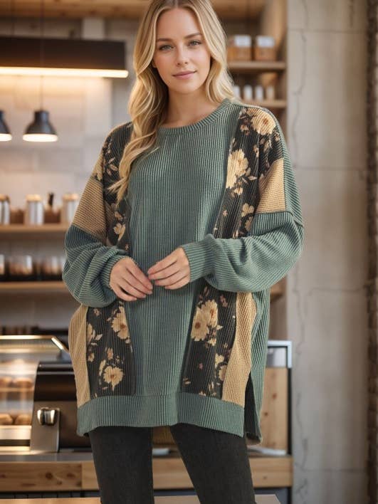 HEIMISH - Wholesale Tunic - Women's - ET7988-10 LONG SLEEVE SOLID AND FLORAL URBAN RIB TOP4