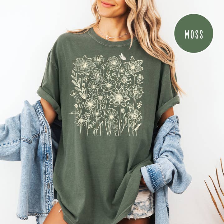 Boho Cottagecore Wilde Bloemen Comfort Colors Botanische Bloemen T-shirt voor wholesale door CindyL Boutique