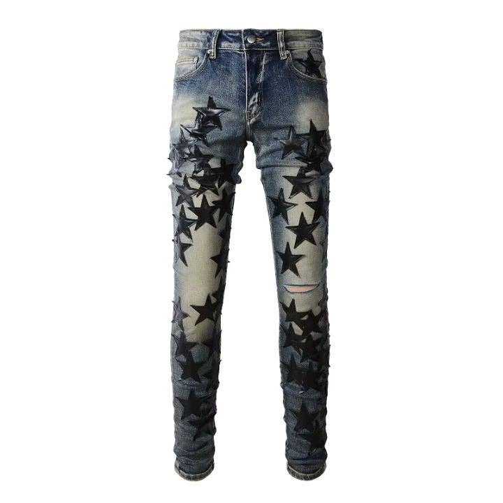 Men's Light Blue Ripped Denim Pants with Black Star Patchwork for wholesale on Faire