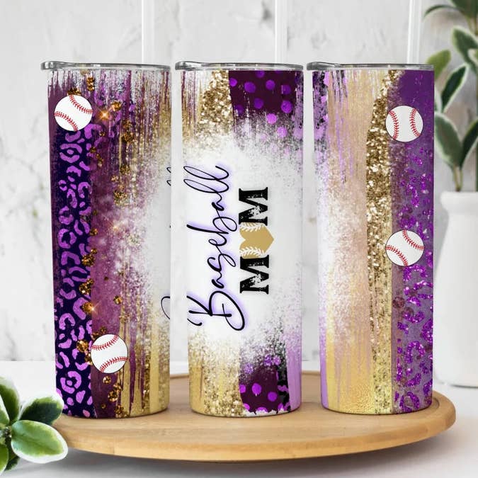 Baseball Mom Purple Gold Leopard | Tumbler per la vendita all'ingrosso da parte di Designs by Robyn