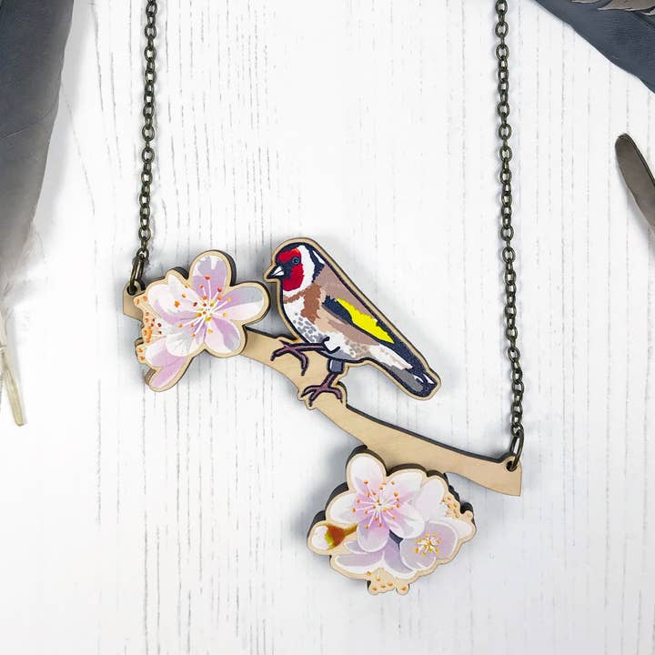 Goldfinch and Cherry Blossom Bird Necklace for wholesale by Loadofolbobbins