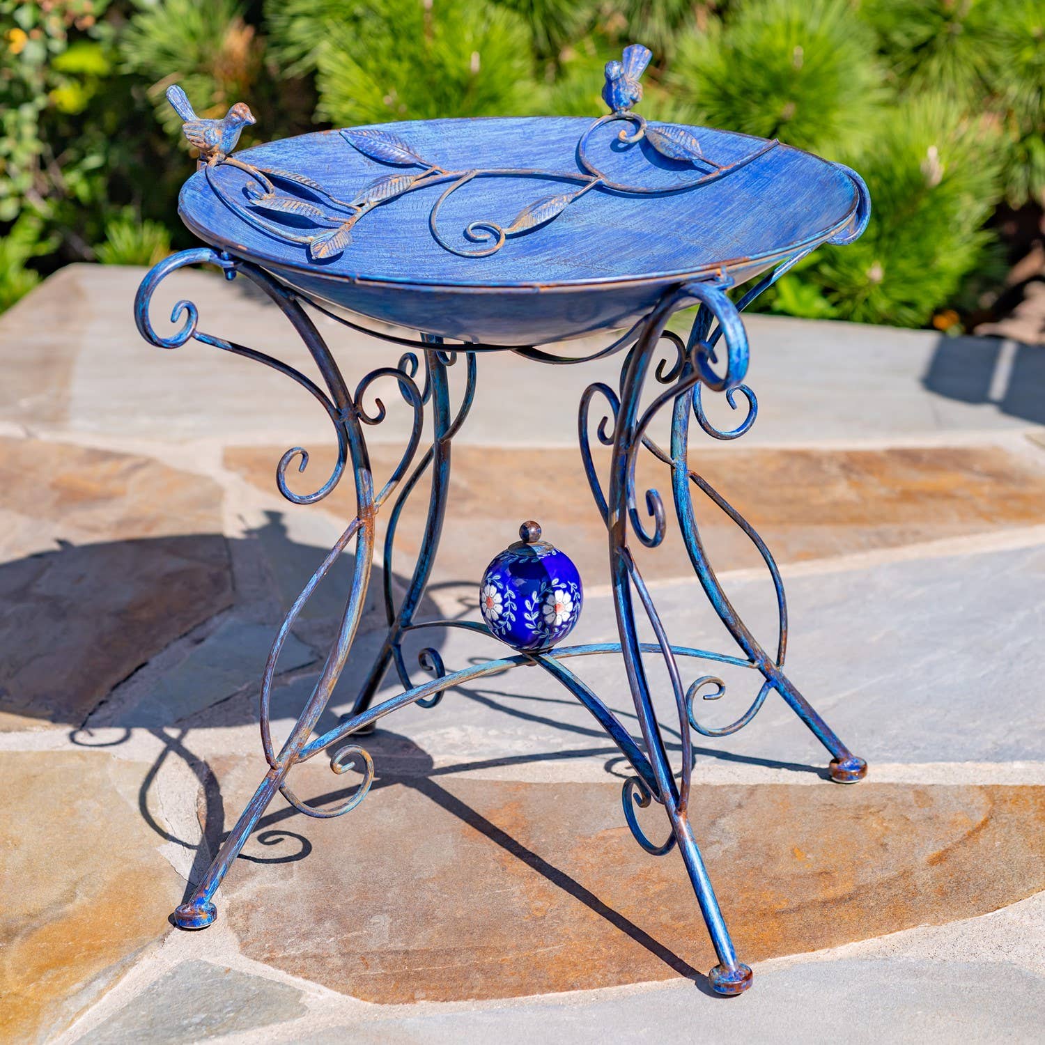 Zaer Ltd. International - Wholesale Bird Bath - “Rome 1945” 23" Tall Iron Birdbath with Porcelain Accent0