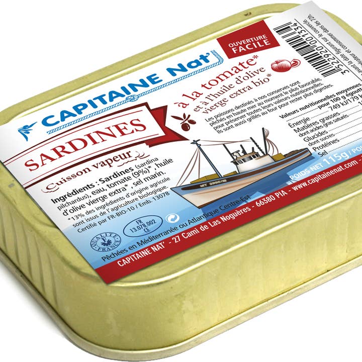 Sardines in organic* olive oil and organic* tomatoes 115g for wholesale by CAPITAINE NAT'