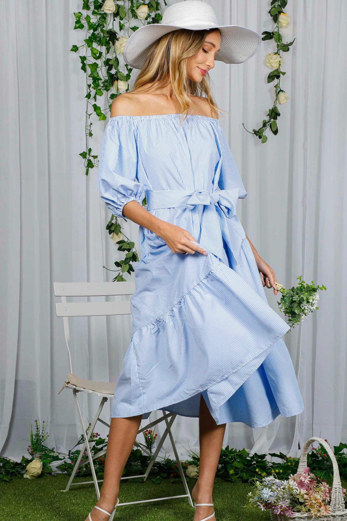 Vine & Love – wholesale Dress – Women's – Off-The-Shoulder Tie Waistband Tiered Striped Dress  VD702966