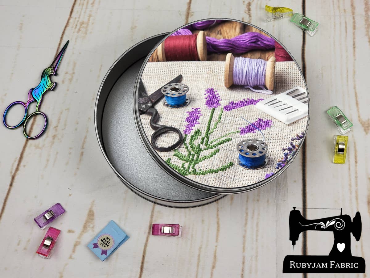 Rubyjam Fabric - Wholesale Decorative box - Embroidery Lavender - Round Metal Storage Tin, 15cm x 5cm