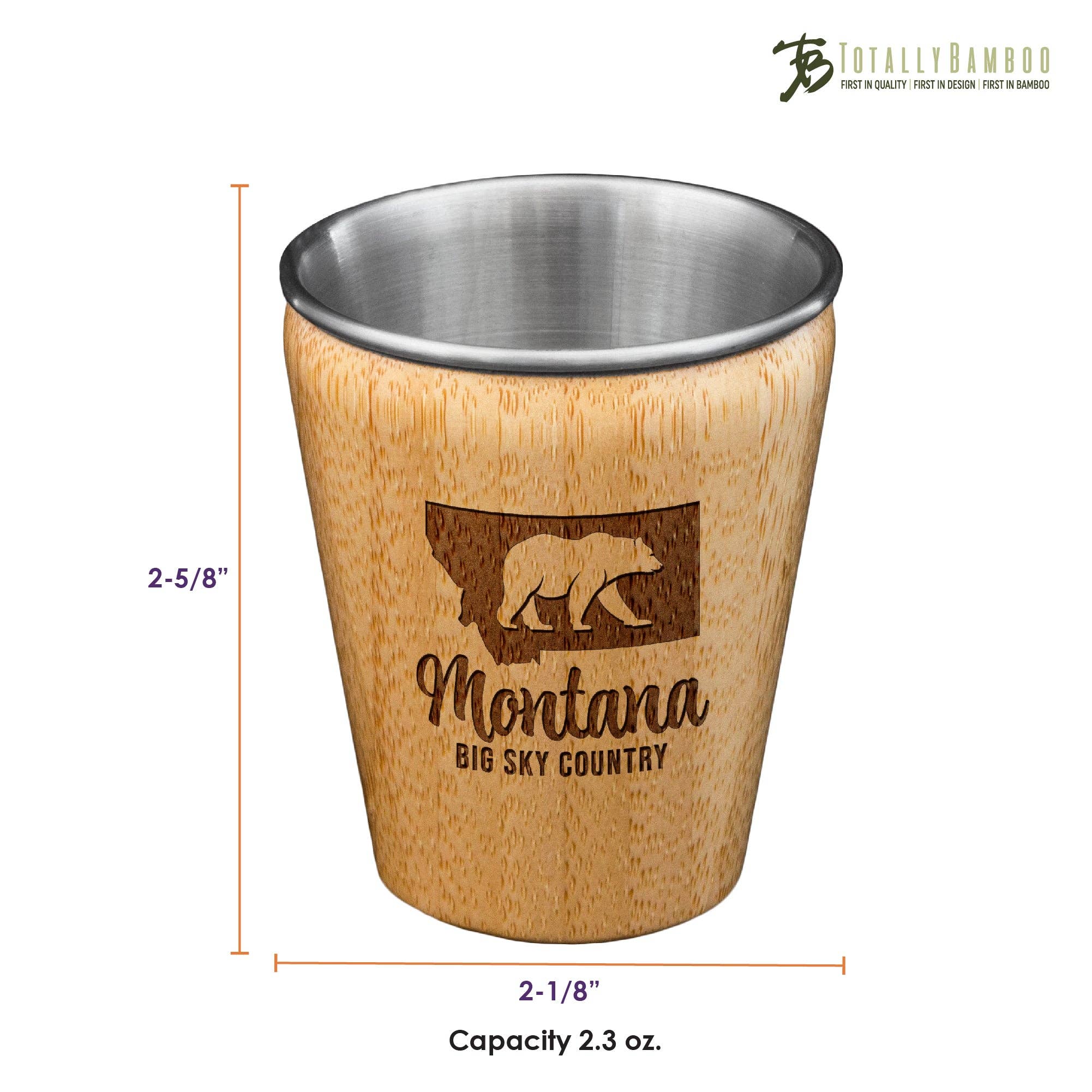 Totally Bamboo – wholesale Shotglas – Montana graverat skottglas, bambu med rostfritt stål2