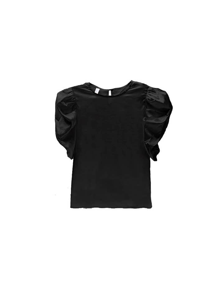 Last True Angel – wholesale Blouse – Women’s – Satin T-shirt Top with Rouched Sleeves in Black