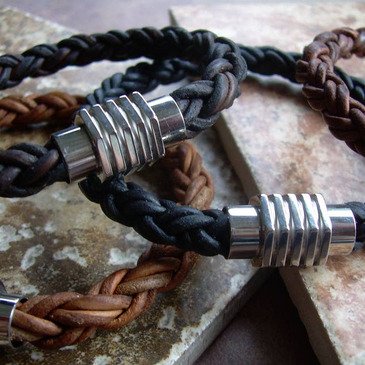 Urban Survival Gear USA - Wholesale Jewelry - Men's - Men's Bracelets Leather Mens Thick Braided Leather Bracelet with a Large Stainless Steel Magnetic Clasp Fathers Day Gift Mens Jewelry