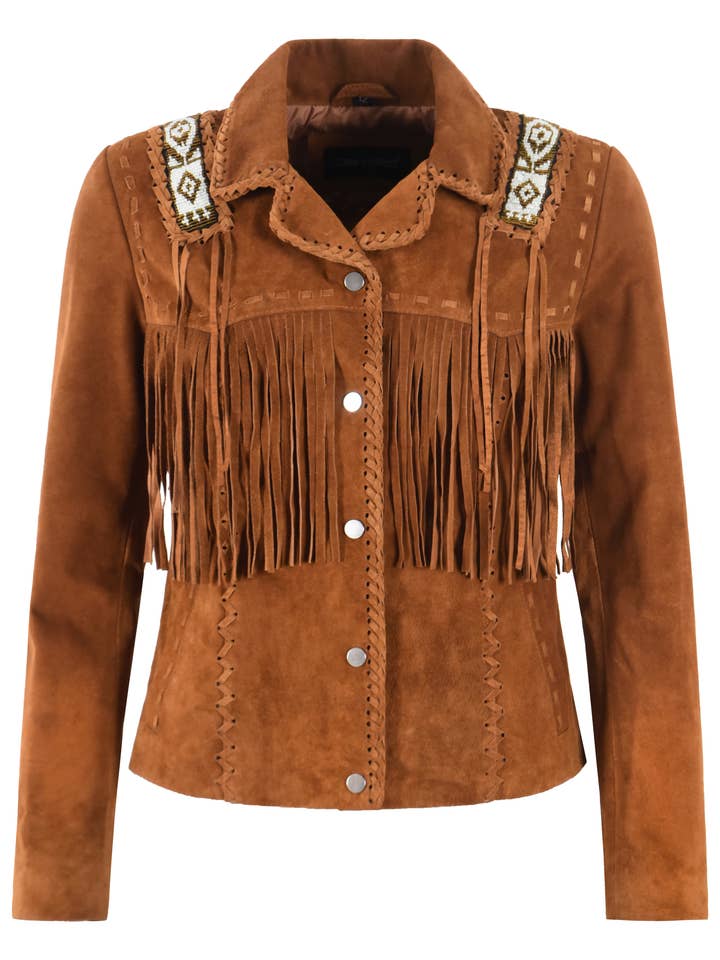 Tan Suede Fringe Western Jacket with Beaded Shoulder Detail for wholesale by Smart Range Leather
