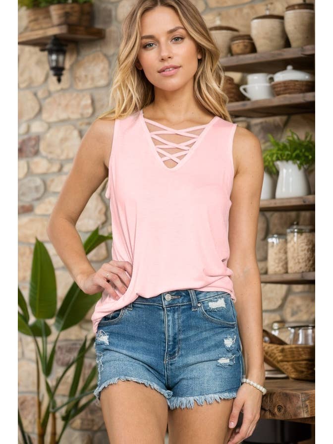 Burgundy Apparel - Wholesale Tank Top - Women's - CHEST CRISS CROSS SLEEVELESS TANK TOP