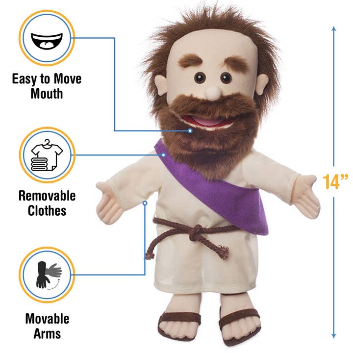 Silly Puppets – Fantoche - Crianças e bebés por atacado – Fantoches Tolos Bíblico Jesus com Cinto de Corda (14")