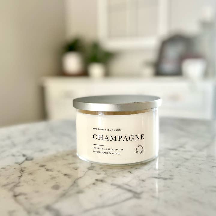 Champagne Soy Candle (Silver Shore Collection) for wholesale by Borderland Candle Company