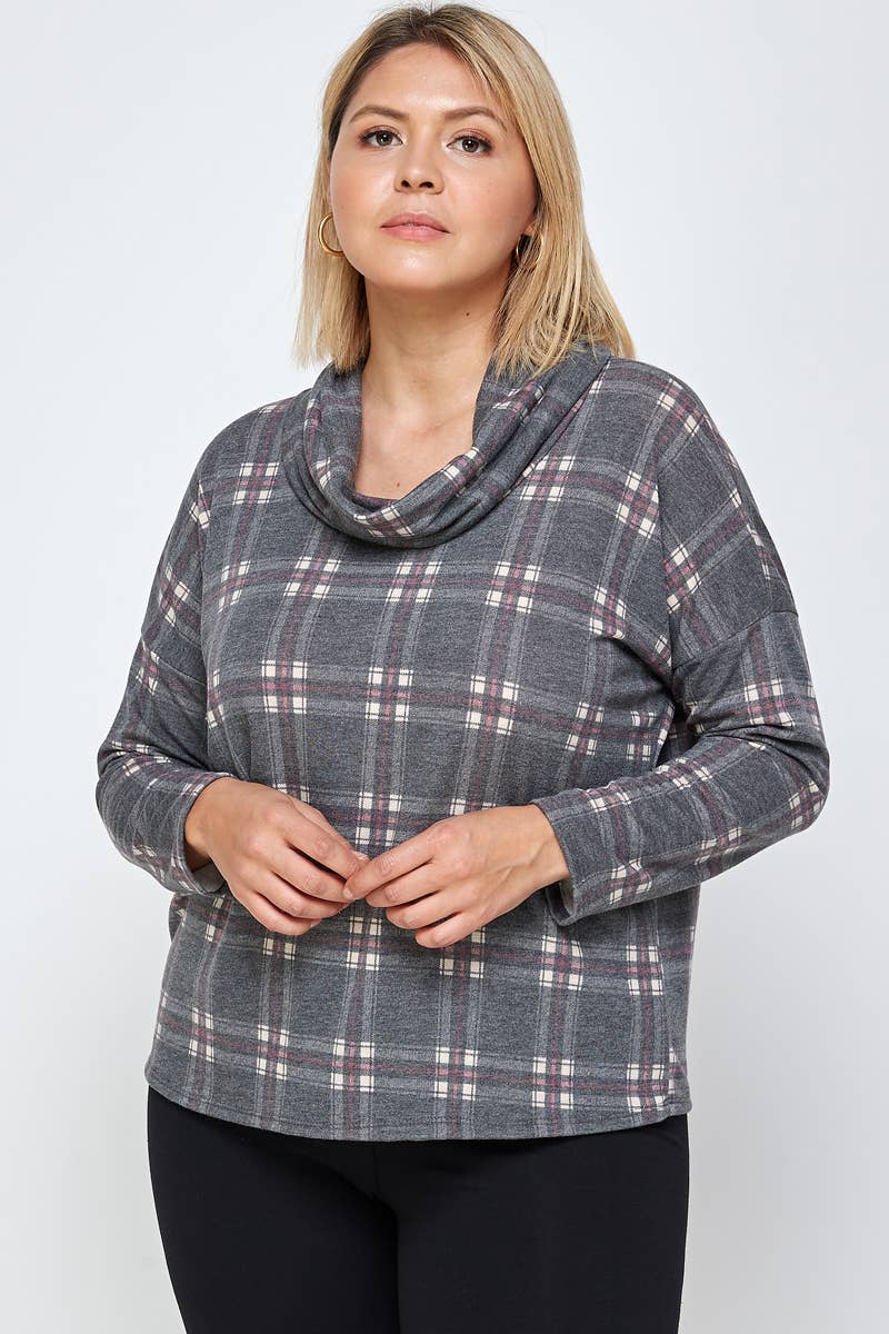 Haute Fox Plus Size & Contemporary - Wholesale Knit Top - Women's - Plus Size Soft French Terry Plaid Top 17668-T0