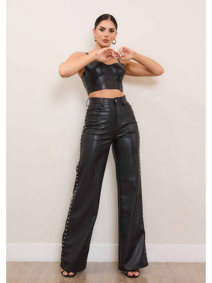 Black Vegan Leather Wide Leg Pants With Pearl for wholesale on Faire