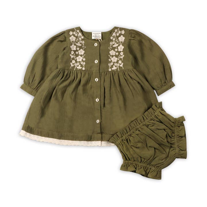 Hazel besticktes Babykleid & Bloomer-Set (Leinenmischung) für den Großhandel von Viverano Organics