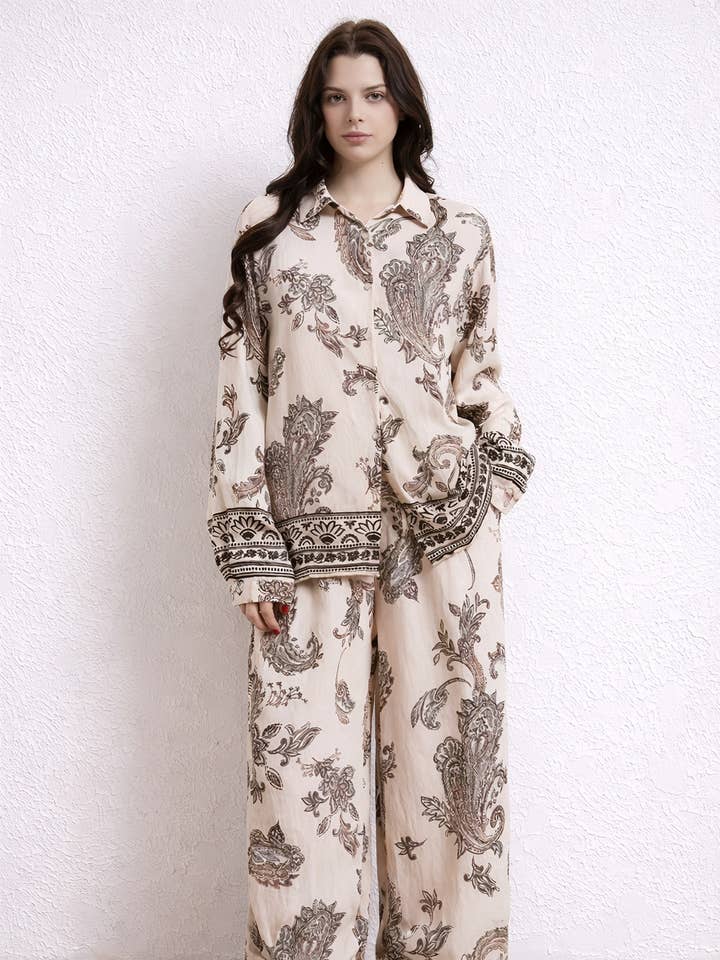 Paisley Print Relaxed Shirt & Wide-Leg Trousers Co-Ord Set for wholesale by Lucy Sparks