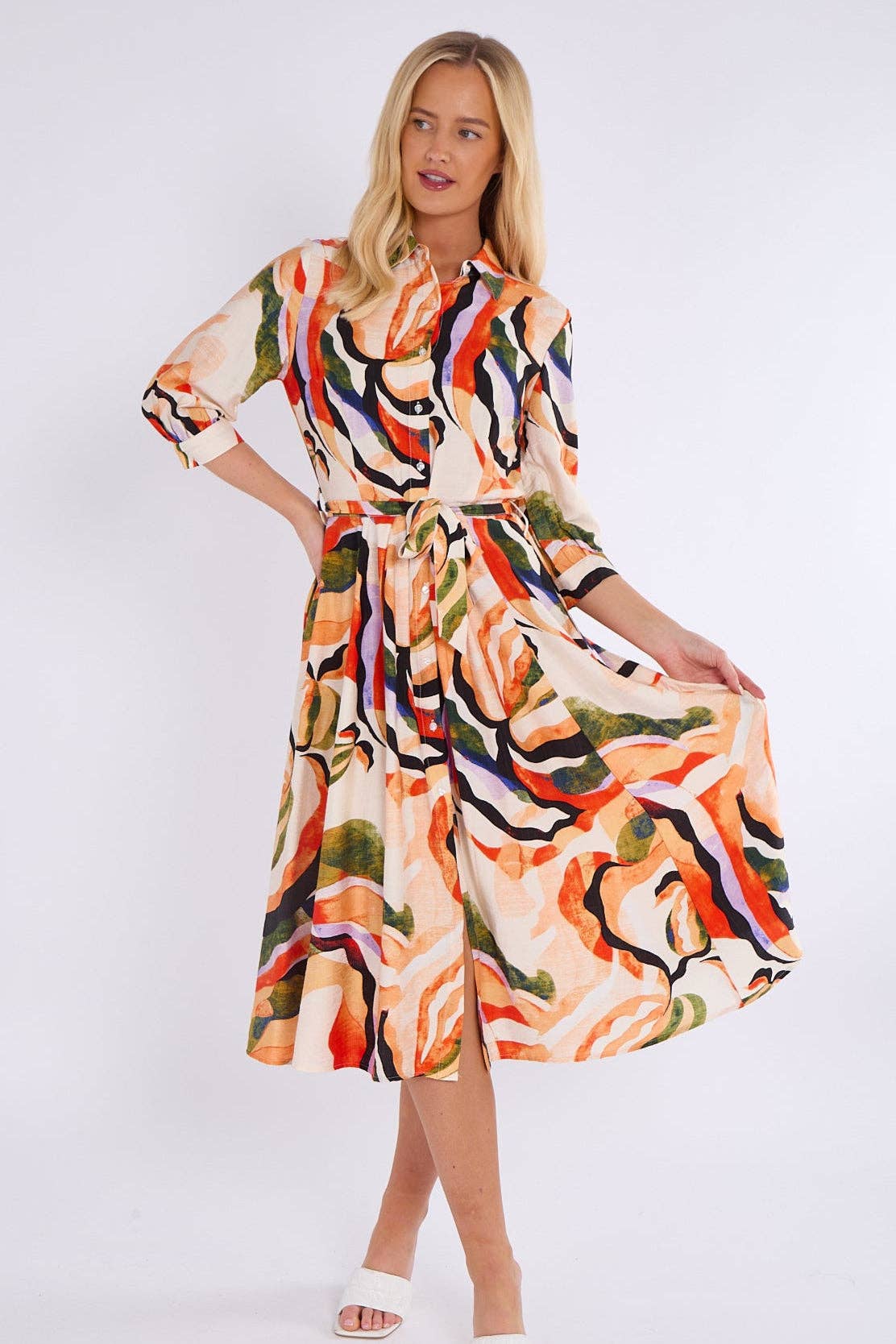 ARANCIO Abito camicia midi con stampa a motivo arancione e verde in vendita all'ingrosso su Faire3