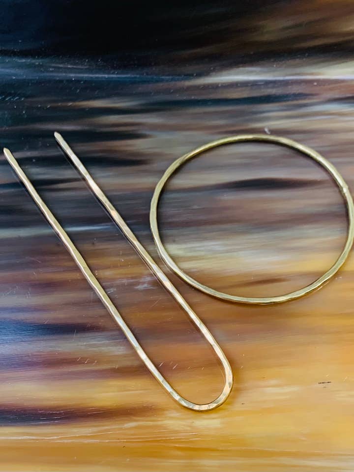 Minimal Two Piece Hammered Brass Hair Pin with Circle for wholesale by Commonality Cooperative