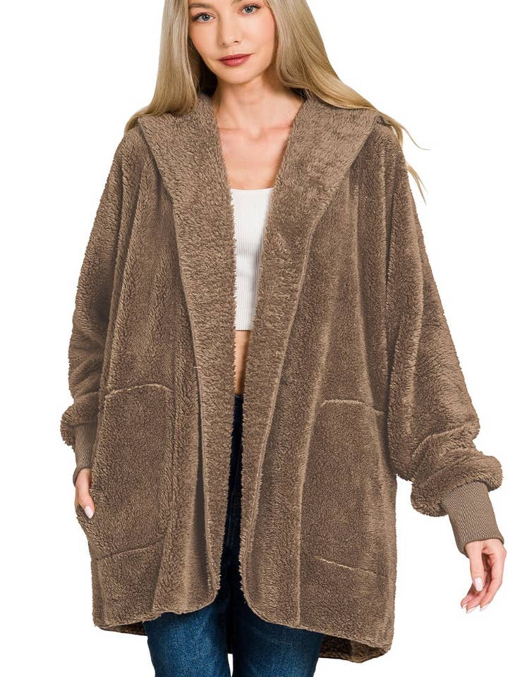 Hooded Faux Fur Jacket With Pockets for wholesale by Vanilla Monkey