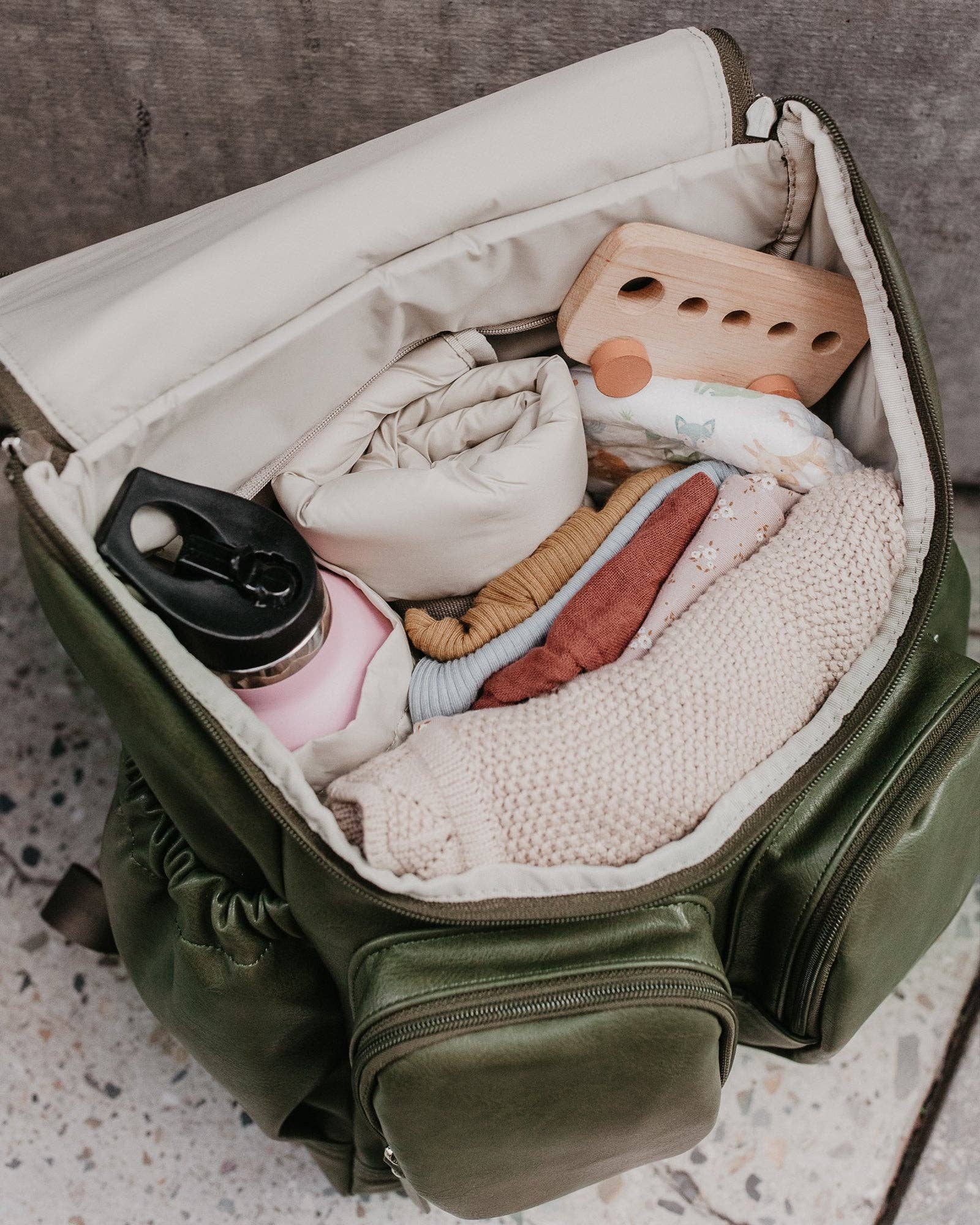 OiOi - Wholesale Diaper Bag - Baby - Signature Nappy Backpack - Olive Vegan Leather2