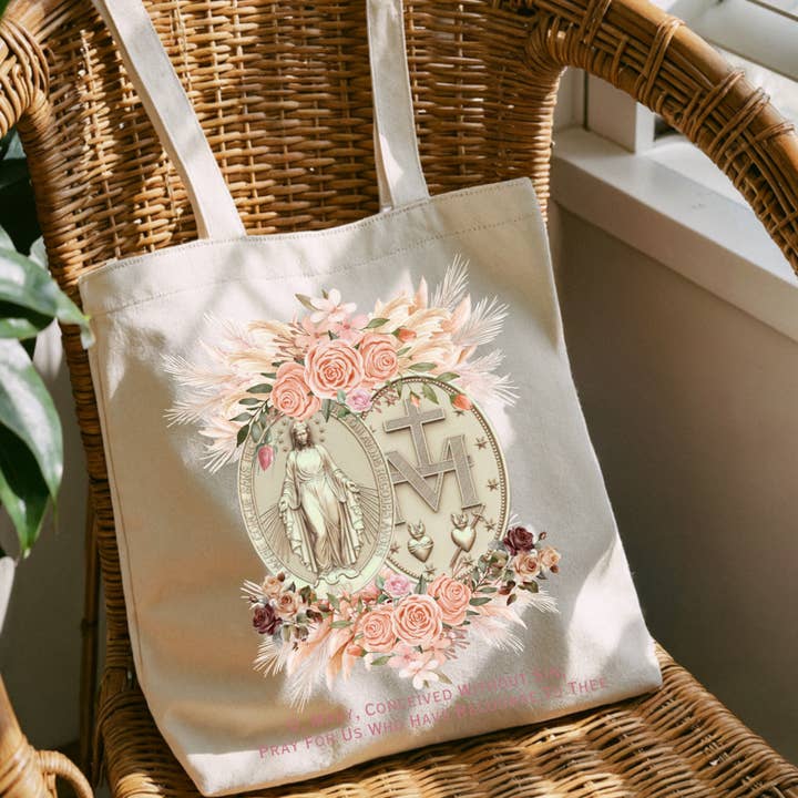 Miraculous Medal Canvas Tote Bag, Catholic Tote Bag, Mary for wholesale by Posh Magnolia Boutique