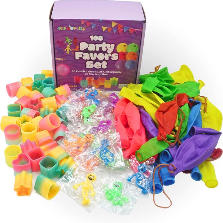 4E's Novelty - Wholesale Party Favor - 4E’s Novelty 108 Pcs Party Favors for Kids 8-12 – Punch Balloons, Coil Springs, Stretchy Men, Bulk Set4