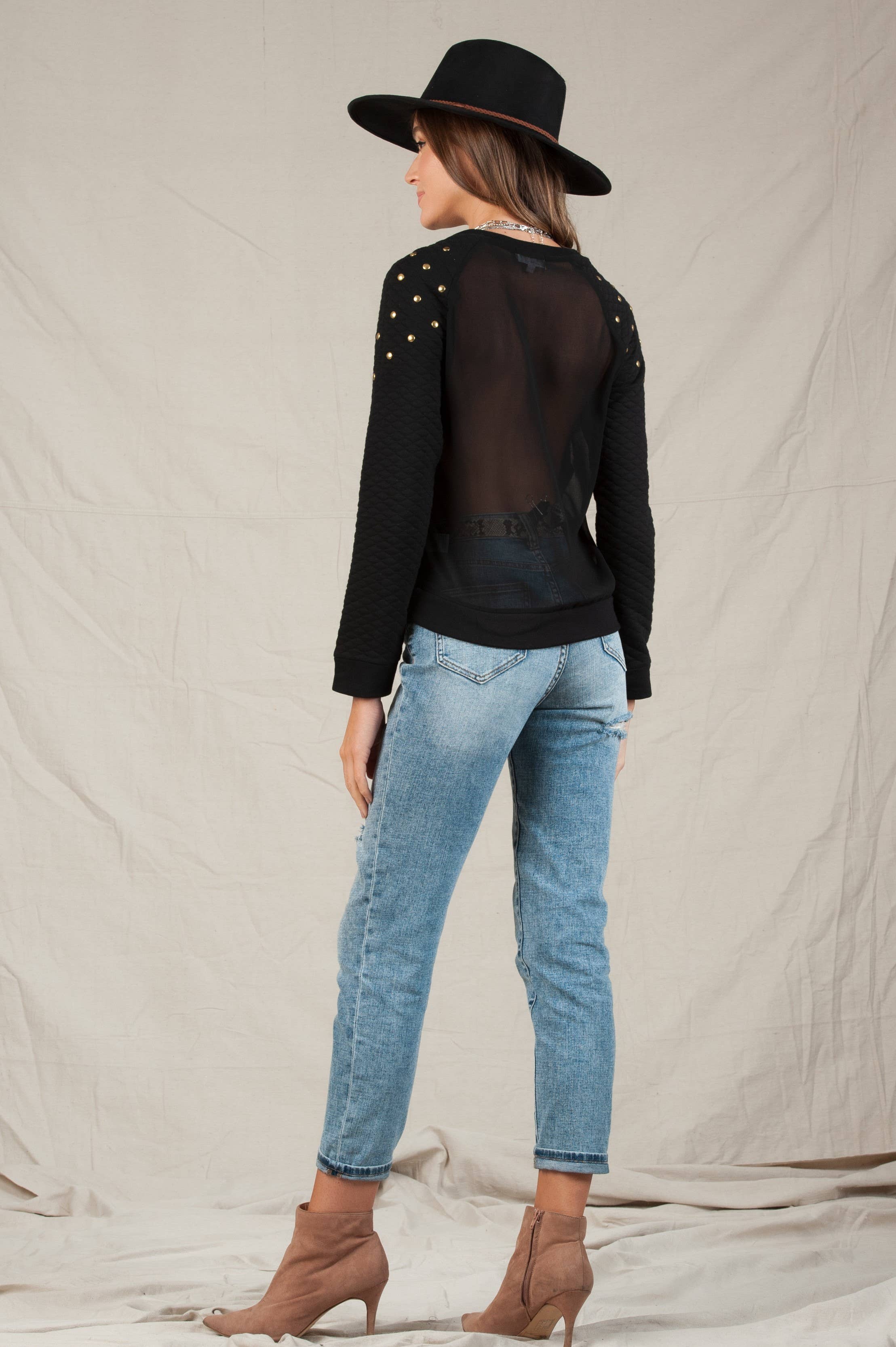 Lucca Couture - Wholesale Sweatshirt - Women's - Lucca Mesh Back stud Shoulder Pullover3