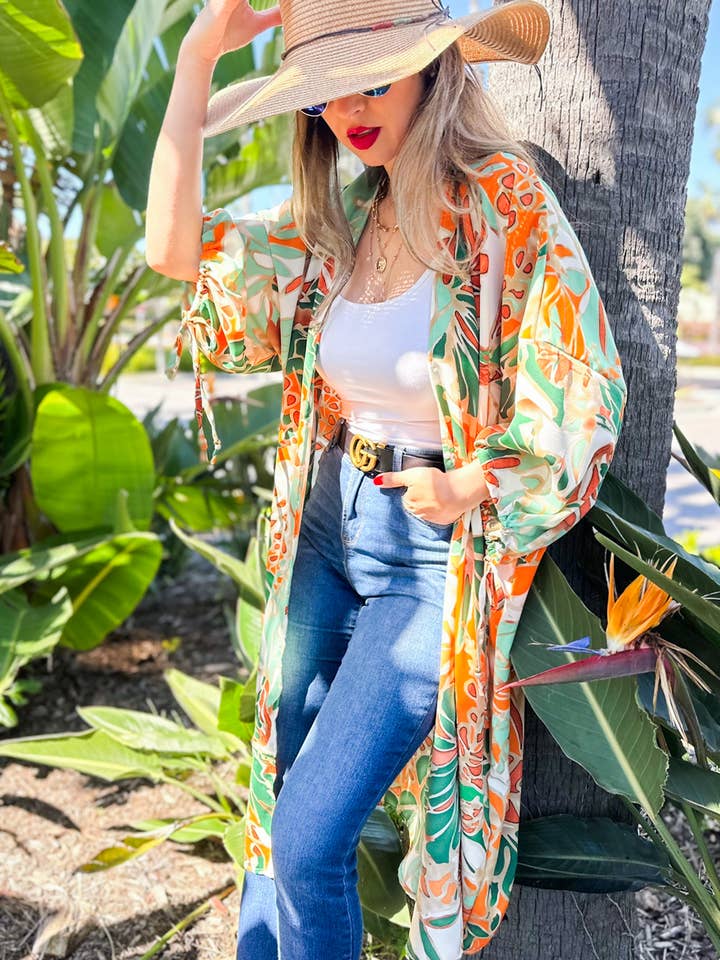 Green Multi Tropical Printed 3/4Tie Sleeve Satin Maxi Kimono for wholesale by AMOLI