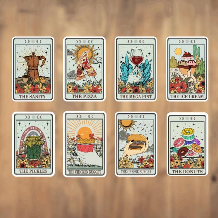 Mega Pint, carte de tarot, tarot, autocollant en vinyle, Guilty Pleasures, Cheese Burger, Cropite de poulet, café, cornichons, crème glacée, beignets, pizza pour la vente par All for Iris