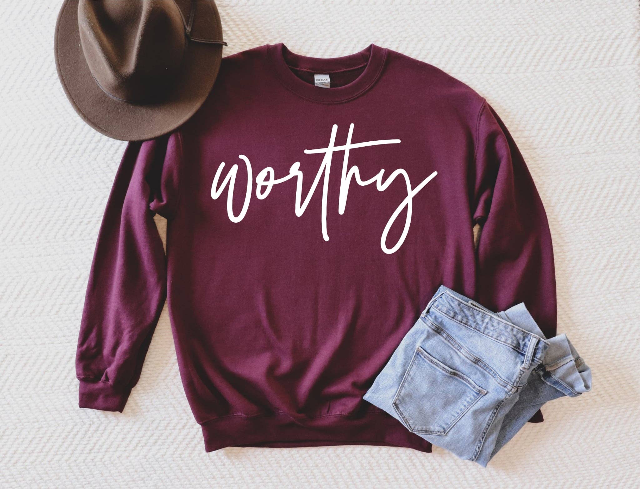 Fox and Owl Apparel-Graphic Tee's - Wholesale Graphic Sweatshirt - Women's - Christian Worthy Maroon Faith Cozy Graphic Sweatshirt 1