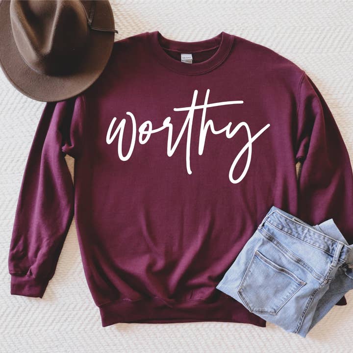 Fox and Owl Apparel-Graphic Tee's - Wholesale Graphic Sweatshirt - Women's - Christian Worthy Maroon Faith Cozy Graphic Sweatshirt 1