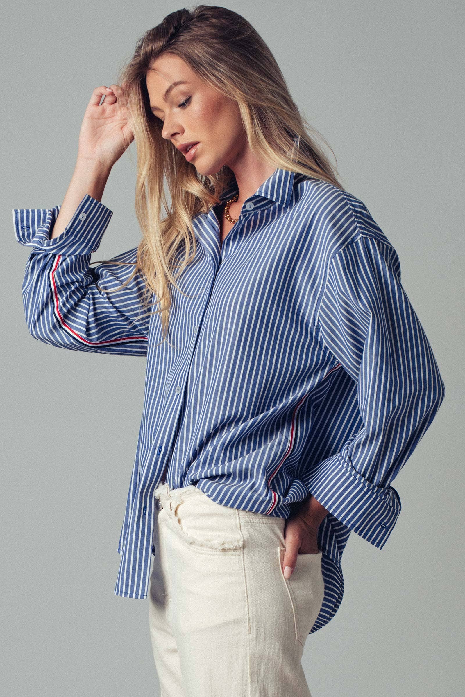 Urban Daizy - Wholesale Button Down Shirt - Women's - Striped Twill Tape Detail Statement Button Shirt14