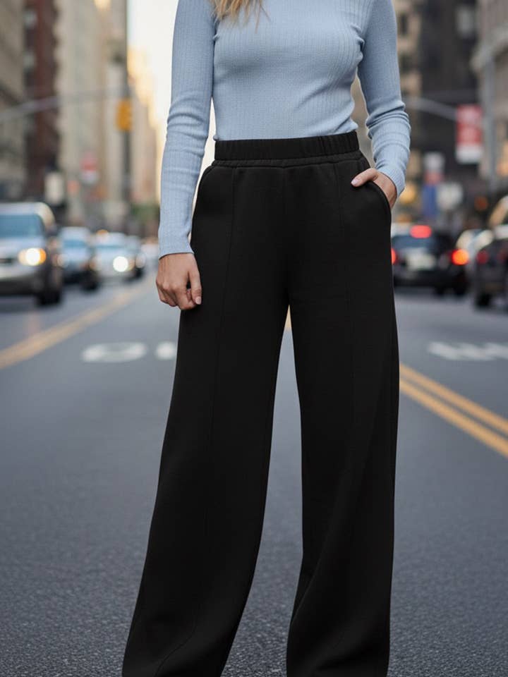 Black wide-leg knit trousers with fleece lining for wholesale by Azuri Fashion Group