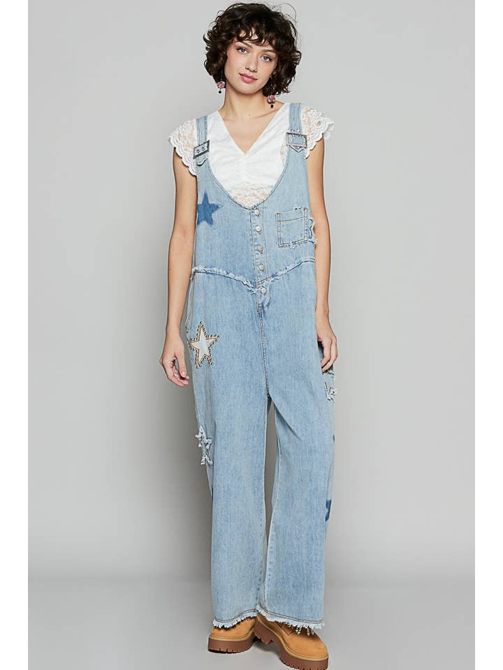 Oversized star patches denim overalls for wholesale on Faire