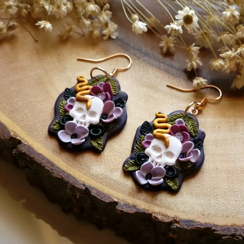 Foxy Method - Wholesale Dangle Earrings - Dark Cottagecore Skull Garden Snake Earrings2