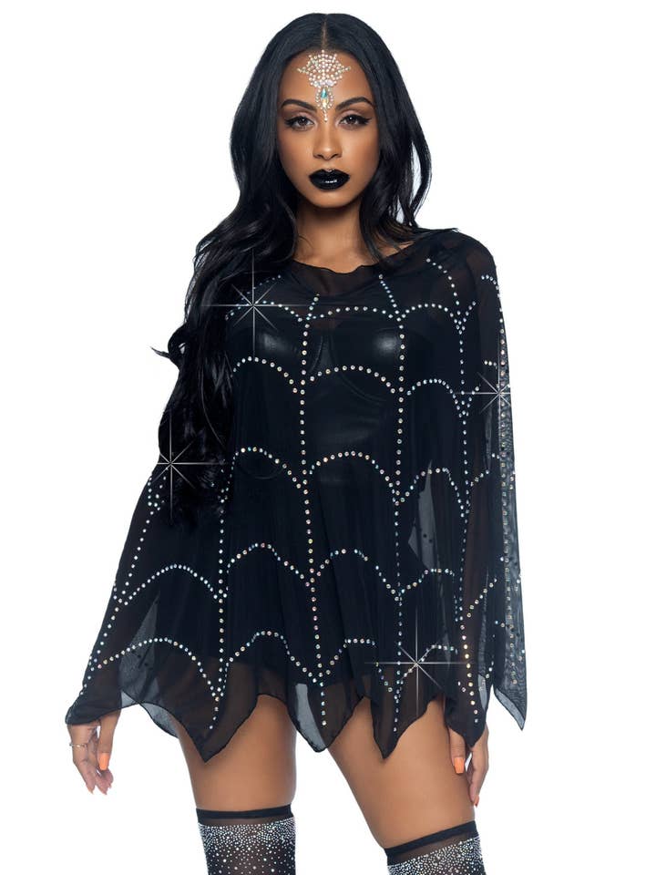 Black Spider Web Rhinestone Costume Poncho for wholesale on Faire0