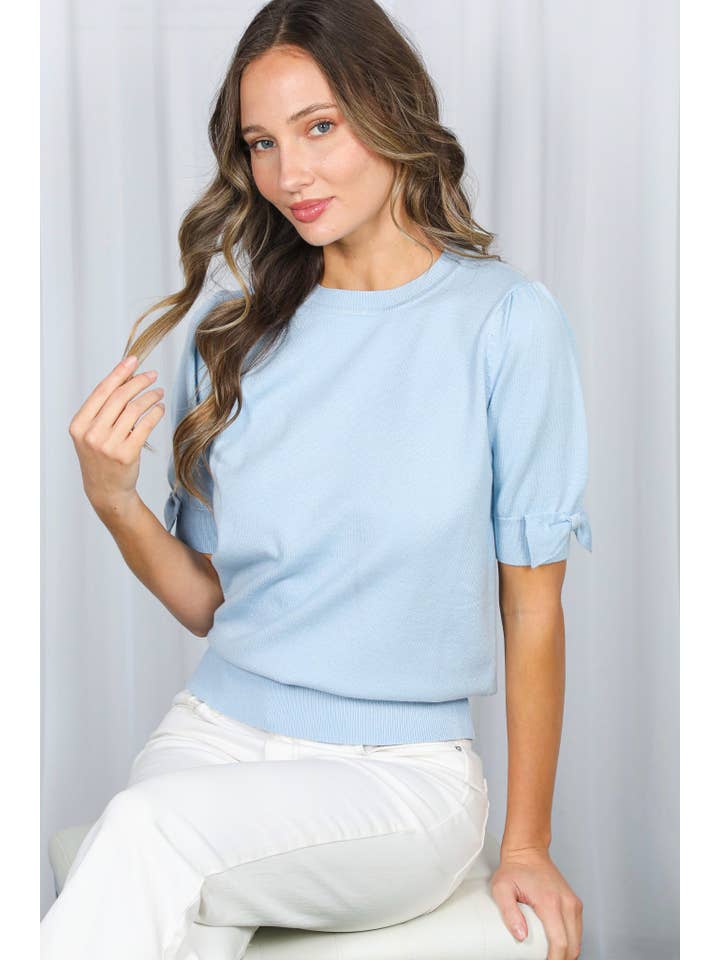 Vine & Love - Vente Haut en maille – femme - Haut en tricot à col rond avec manches bouffantes et nœud décoratif VT8267010